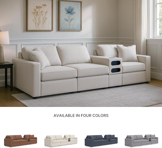 Signature Design by Ashley Modmax Coastal Modular Stain Resistant 4-Piece Sectional with Audio Console, Drawer, USB Ports and 2 Accent Pillows, Beige