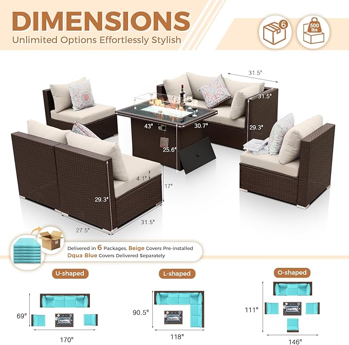 BULEXYARD 7-Piece Outdoor Patio Furniture Set with Propane/Natural Gas Fire Pit Table, High-Back Large Size Outside Sectional Couch Sofa, Comfy Wide Deep Seats for Yard, Brown Rattan & Teal Cushion