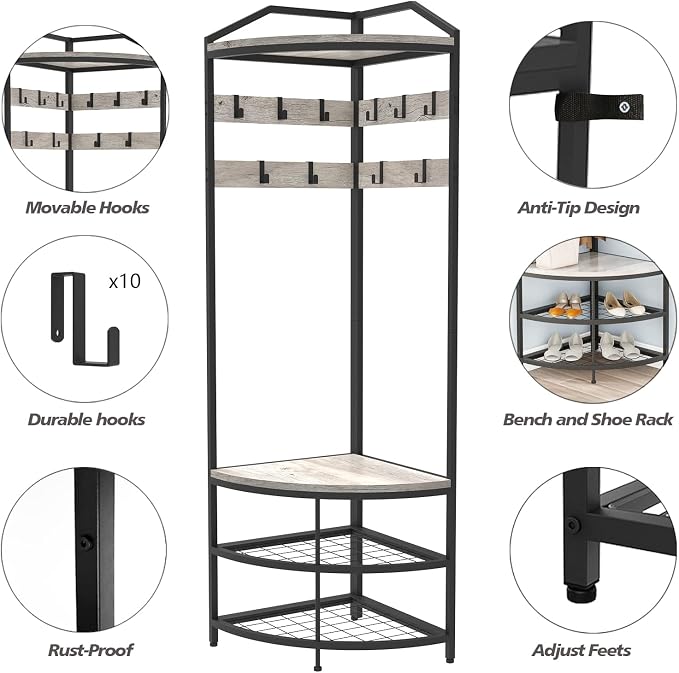 GiftGo Grey Corner Hall Tree with Shoe Bench Entryway Coat Rack with 10 Metal Movable Hooks Rustic Farmhouse Floorstanding Clothes Rack Shoes Shelf Organizer for Home Office Bedroom (Greige) - Image 5