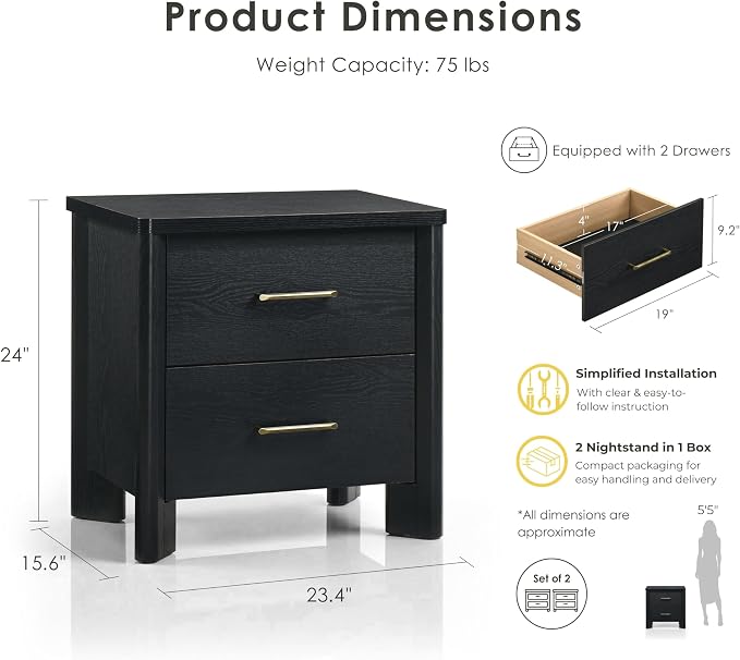24/7 Shop at Home Sawer Modern 23-inch Wood Nightstand Set of 2 with 2 Drawers and USB Ports, Wooden Night Stand for Bedroom, Apartment, Small Bedside Table, Black - Image 2