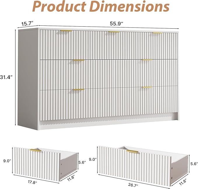 MAISONARIA 3-Piece Dresser Bedroom Set, 7 Drawer Dresser & 3 Drawer Nightstands with Gold Handles, Fluted Wood Chest of Drawers for Bedroom, Living Room, Entryway, White