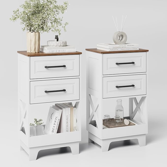 Tall Nightstand Set of 2 Side Table Modern Night Stand with 2 Drawers Wooden Rustic End Table Bedside Table with Upper Open Shelf Solid Feet for Bedroom White+Walnut by ZYKZYKHOME