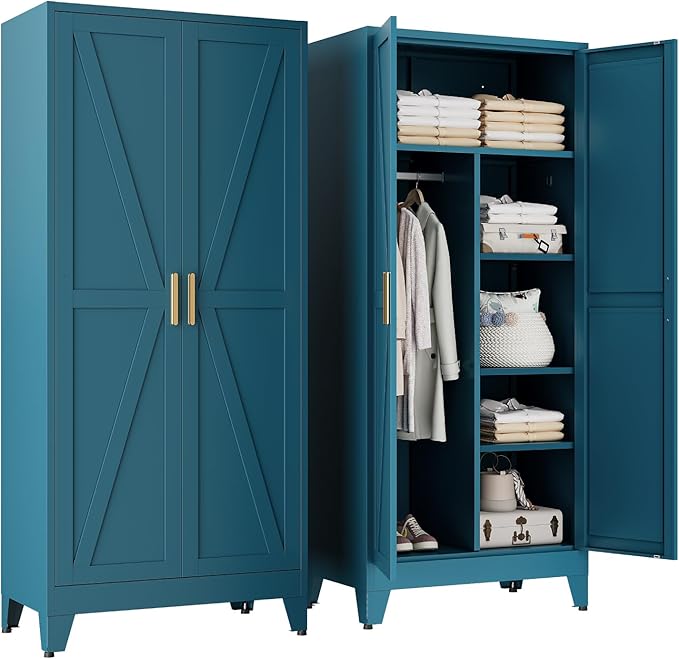 71" Tall Metal Armoire Wardrobe Closet with Hanging Rod and 3 Adjustable Shelves,Blue Storage Cabinet,Steel Wardrobe for Bedroom Garage Laundry Room Office Apartment Amployees,6 Tier,1 Pack
