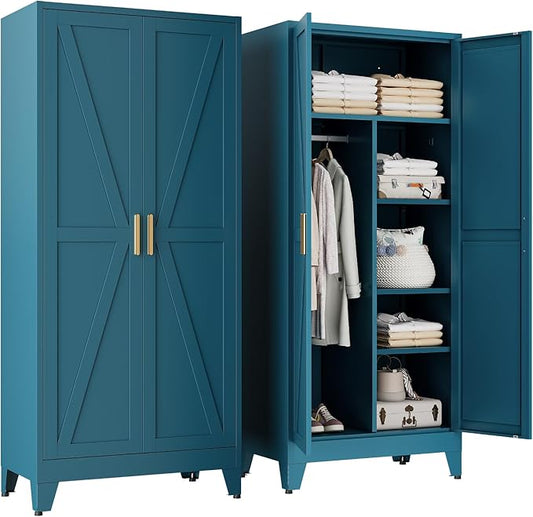 71" Tall Metal Armoire Wardrobe Closet with Hanging Rod and 3 Adjustable Shelves,Blue Storage Cabinet,Steel Wardrobe for Bedroom Garage Laundry Room Office Apartment Amployees,6 Tier,1 Pack