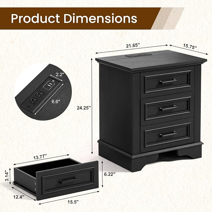22-Inch Wide Modern Nightstand with Charging Station, End Table with 3 Large Drawers, Simple Design Bedside Table for Bedroom and Office,Black(Single Piece) - Image 2
