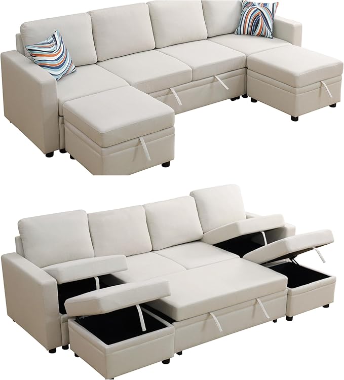 102 Inch Pull Out Couch, Convertible Sofa Bed for Living Room, Comfortable Sleeper Sofa with Pull Out Bed, Modern Sectional Couches with Ottoman Storage, Easy Assembly for Apartment, Off-White