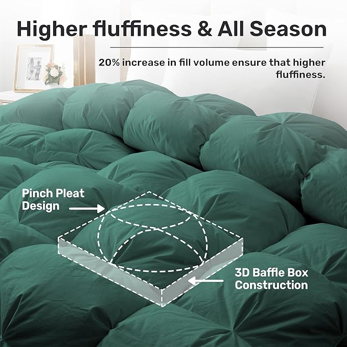 UNIKOME Goose Feather Down Comforter with Pinch Pleat Design -20% Extra Fill, 116oz, All Season Duvet Insert with Cotton Cover, Cloud-Like Fluffiness Down Fiber Comforters (Green, Cal King, 108"X94")