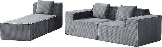 Rowan Convertible Corduroy Sectional Couch with Ottoman & Pillows, Modular L Shaped Sleeper Sofa, Boneless Cloud Couch for Living Room Furniture, Dark Grey