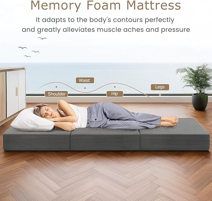 6-Inch Tri-Folding Mattress Queen Size - Foldable Futon Sofa Bed with Removable Washable Cover, Folding Futon Mattress | Non-Slip Bottom & Carry Handles for Guest, Camping, Dorm