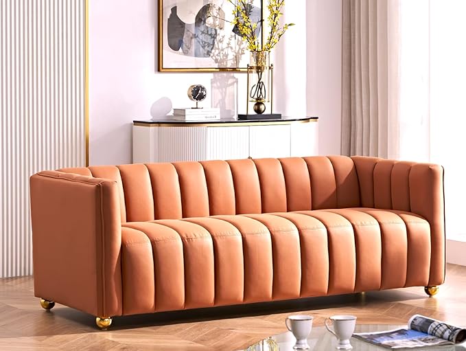 Direct Glam Fabric Upholstered Solid Wood Frame 82.7" Art Deco Sofa for Living Room, Office, Sophisticated 3 Seater Couch, Orange