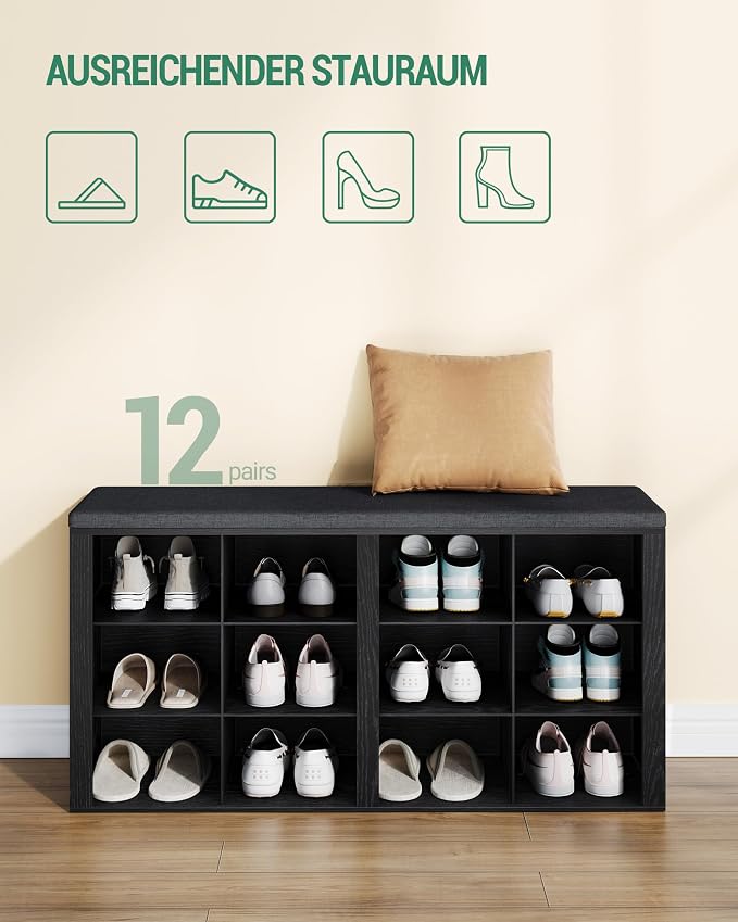 Hzuaneri Shoe Bench with Cushion, Entryway Storage Bench with 12 Cubbies, Cubby Shoe Rack with Adjustable Shelves, Shoe Organizer Cabinet for Living Room, Bedroom, Entryway, Black SB19004GY - Image 8