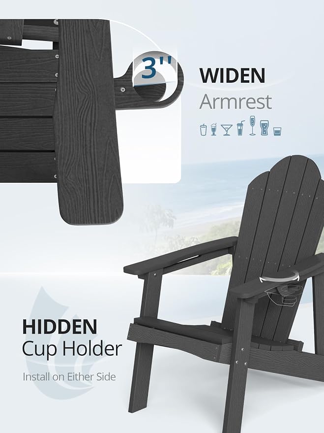 LUE BONA HDPE Adirondack Chairs Set of 6 - Weather Resistant Outdoor Seating with Cup Holder, Ideal for Patio, Deck, Fire Pit & Large Backyard, Black - Image 3