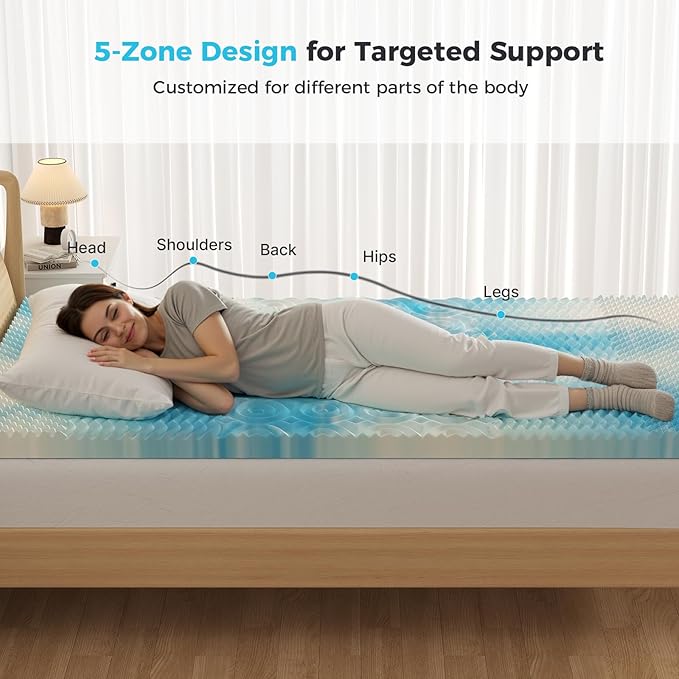 DUMOS 2 Inch Memory Foam Mattress Topper Queen, 5-Zone Cooling Gel Infused Pressure Relief Bed Topper for Back & Hip Pain, Soft Dorm RV Camping Mattress Pad, Blue