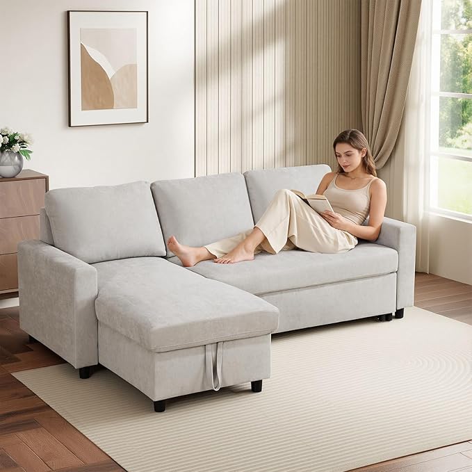 L-Shaped Sleeper Sofa with Chaise Lounge & Storage, Pull-Out Couch Bed with Recliner, Full Size Futon for Living Room, Office, Apartment Beige