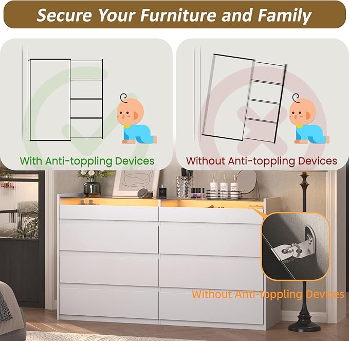 LIVAUVEAD White 8 Drawer Dresser for Bedroom with LED Light, Modern Dresser Chest of Drawers with Hidden Handles and Glass Top, Dressers Organizer for Bedroom, Closet, Living Room