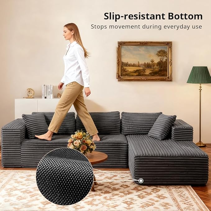 COMHOMA 105”Modular Sectional Sofa with Deep Seat,Cloud Upholstered L-Shape Couch Wide Arms Corduroy Fabric High-Density Foam Chaise Lounge for Living Room No Assembly Required