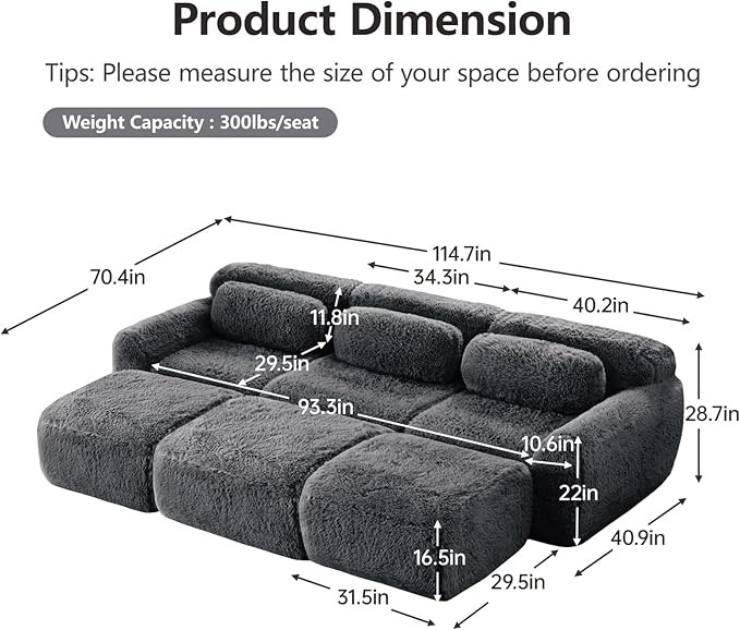 114.7" Sectional Sofa Bed, 6-Seater Modular Sleeper Boneless Couch with Movable Ottoman, Plush Convertible Sofa Set Deep Seat Couches for Living Room, Bedroom and Apartment, Dark Grey