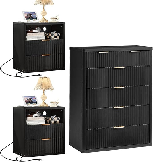 LEYAOYAO 42" Tall Fluted Dresser and 2 Drawers 23" Nightstand Set of 2, Wooden Dresser & Night Stand with Charging Station, 3 Piece Bedroom Furniture Set, Wood Chest of Drawer for Living Room,Black
