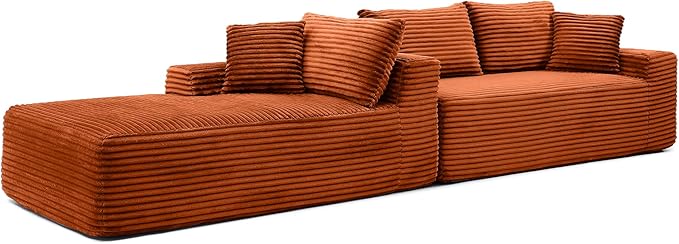 105-Inch L-Shaped Left Facing Corner Compressed Sofa Modular Sectional Boneless Cloud Sofa Floor Foam Couch with Chaise Lounge, Corduroy Corner Boneless Cloud Couch