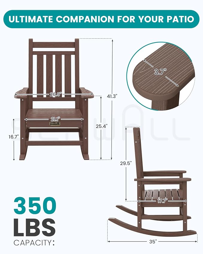 SERWALL Oversized Outdoor Rocking Chair Set of 4, HDPE Rocker for Adults, Patio Rocking Chairs for Porch, Coffee - Image 3
