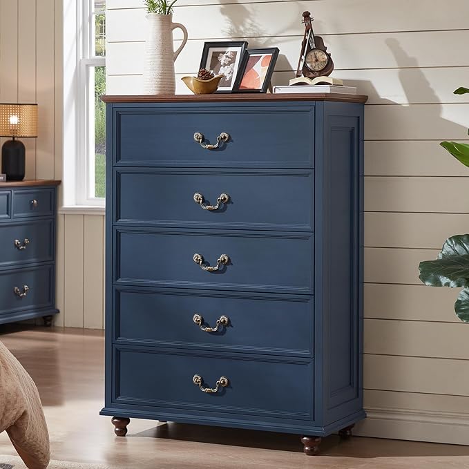 Joaxswe 24" Wide Farmhouse Nightstand with Charging Station Set of 2,54" 7 Drawers Dresser, 45" Tall Rustic Chests of 5 Drawers, Farmhouse Furniture Series for Bedroom,DarkBlue