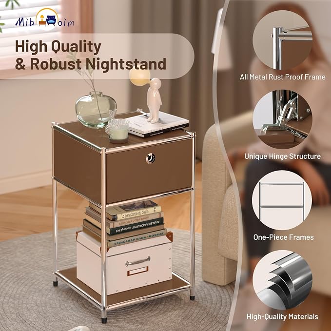 Brown Night Stand with Drawers:Modern Nightstand with Storage,Metal Heavy Duty Industrial Bed Side End Tables Living Room Sofa Couch Home Office Furniture,Kids Bedside Table Bedroom Small Space - Image 5