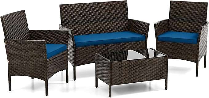 DORTALA Wicker Patio Furniture Set 4 Piece, Outdoor PE Rattan Table & Chairs Set with Tempered Glass Coffee Table, Loveseat, Cushions, Conversation Set for Balcony, Porch, Backyard, Deck, Peacock Blue