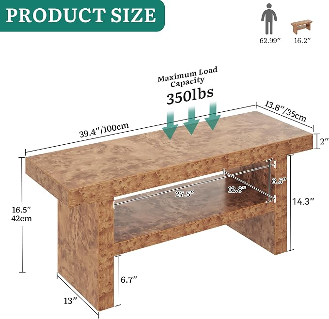 DWVO 39.4" Entryway Bench with Motion-Sensing Warm LED Light, 2-Tier Rustic Thick Wood Shoe Storage Bench for Hallway Bedroom Dressing Room or End of Bed, Burl Wood Finish - Image 2