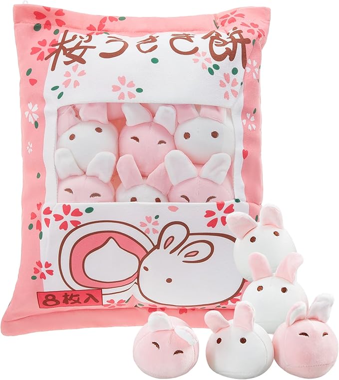 Civaner Kawaii Bunny Plush Pillow Cute Room Decor Cherry Blossom Throw Pillow Pink Removable Stuffed Animal Fluffy for Easter Home Birthday Spring Sakura Gifts Bag