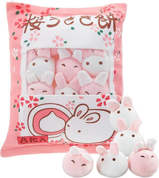 Civaner Kawaii Bunny Plush Pillow Cute Room Decor Cherry Blossom Throw Pillow Pink Removable Stuffed Animal Fluffy for Easter Home Birthday Spring Sakura Gifts Bag