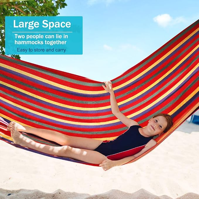 Outerman 275 x 155 cm Camping Hammock, Hammocks Thickened Canvas Fabric with 550lb Load Capacity, Two Anti Roll Balance Beam and Sturdy Metal Knot Tree Straps for Travel, Beach, Backyard etc. - Image 4
