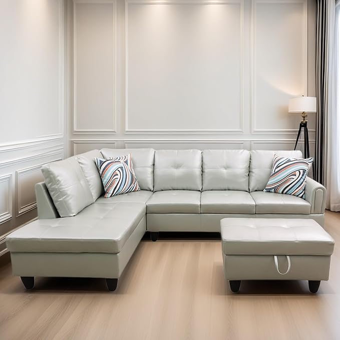 FONTOI L Shaped Sectional Couches, Leather Couch Modular Sectional Sofa with Ottoman Storage, Modern L Shaped Couch with Chaise for Living Room Bedroom Apartment Furniture, White