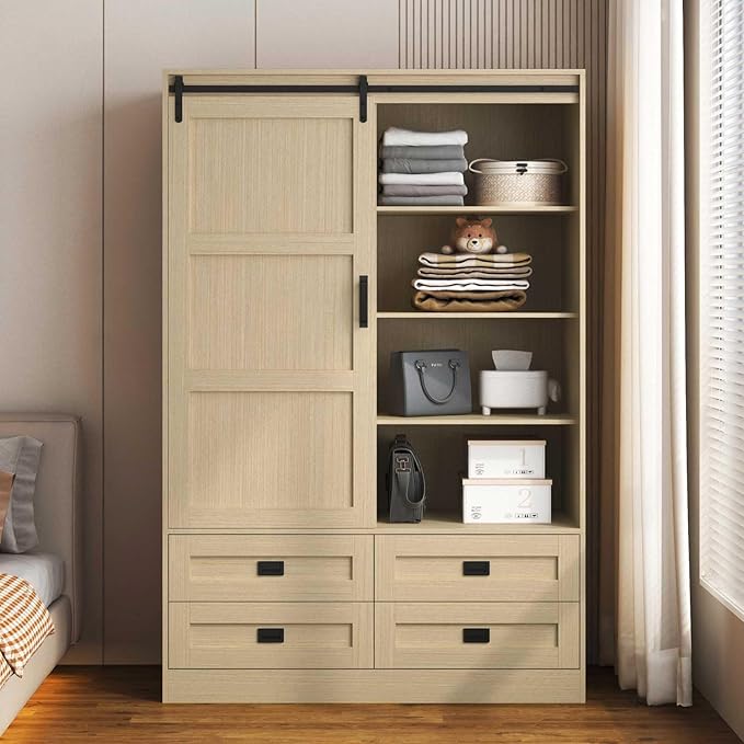 Armoire Wardrobe Closet with Sliding barn Door，Wardrobe Cabinet with 4 Storage Drawers and Hanging Rail,Freestanding Wooden Closet for Bedroom (Natural)