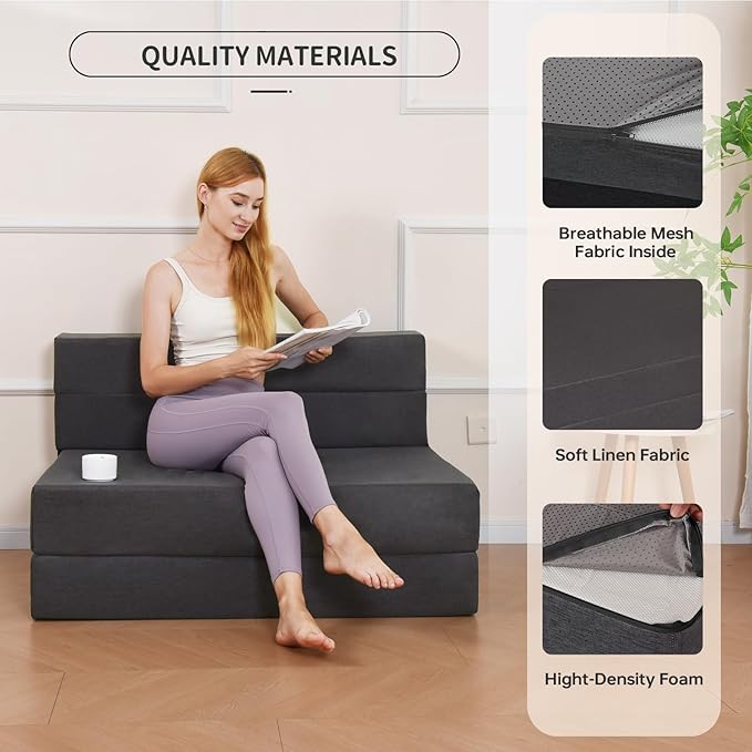 Folding Sofa Bed, Foldable Bed Sleeper Chair with Pillow, Convertible Sofa Bed with Washable Cover, Fold Out Couch, Futon Sofa Bed for Living Room, Dorm, Guest Room, Standard Size, Dark Grey