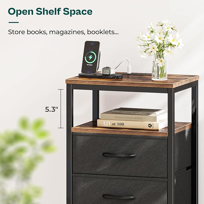 Huuger Nightstands Set of 2, 27.6 Inch End Tables with Charging Station, Fabric Drawers, Bedside Tables with USB-C Port and Outlet, Night Stands for Bedroom, Rustic Brown and Black - Image 3