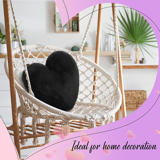 Marsui 2 Pcs Heart Throw Pillows, Soft Fluffy Faux Fur Decorative Hearts Shaped Pillows for Living Room Sofa Bed, Cute Heart Themed Gift for Women(Black,11.81 x 11.02 Inch)