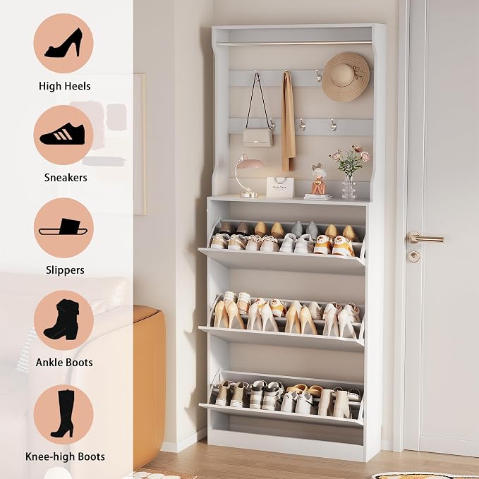 Shoe Cabinet for Entryway, White, 31.5 * 9.37 * 78.74 Inch, 3 Flip Drawers, 3 Shelves, Modern Style - Image 7