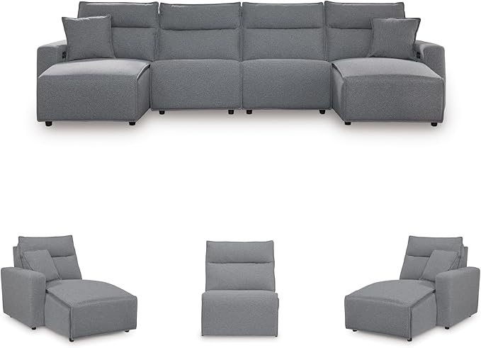Signature Design by Ashley ModMax II Stain Resistant Modern Modular 4-Piece Power Reclining Sectional with Chaise, Adjustable Headrest, USB Ports and 2 Accent Pillows, Gray