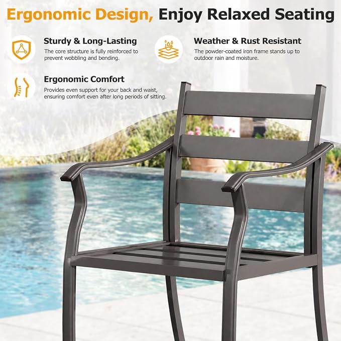 EROMMY 5-Piece Round Outdoor Patio Dining Set, 4 Metal Slat Chairs & Round Table with Umbrella Hole, All-Weather Outdoor Furniture for Backyard, Garden and Poolside - Image 5