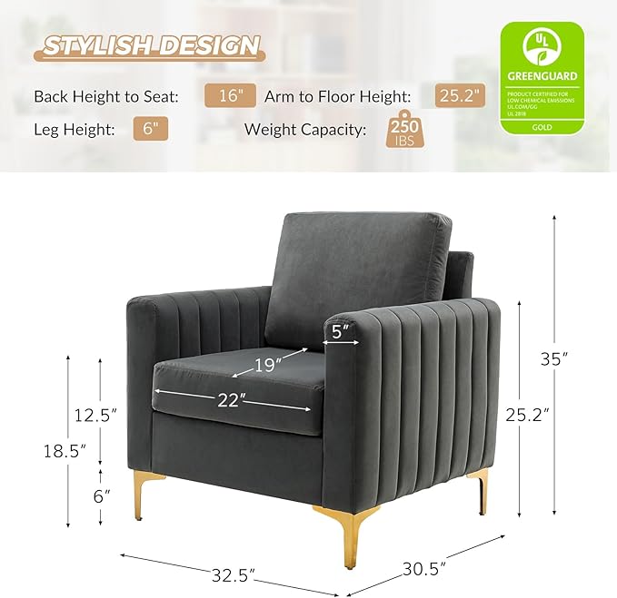HULALA HOME Velvet Accent Club Chairs Set of 2, Modern Velvet Armchair Upholstered Accent Club Chairs Sofa Chairs with Gold Metal Legs Mid-Century Barrel Leisure Comfy Reading Armchair, Grey