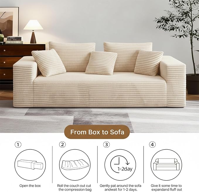 3-Seater Deep-Seat Corduroy Lounge Sleeper Sofa, No Assembly Frameless Foam Cloud Couch, Comfy Plush for Living Room Bedroom Apartment Dorm Office (Beige)