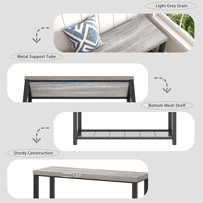 FOLUBAN Entryway Bench, Rustic Wood and Metal Shoe Storage Bench for Hallway Front Door Entrance, Industrial Indoor Bench for Bedroom Living Room, 43.3 Inch Light Grey - Image 6