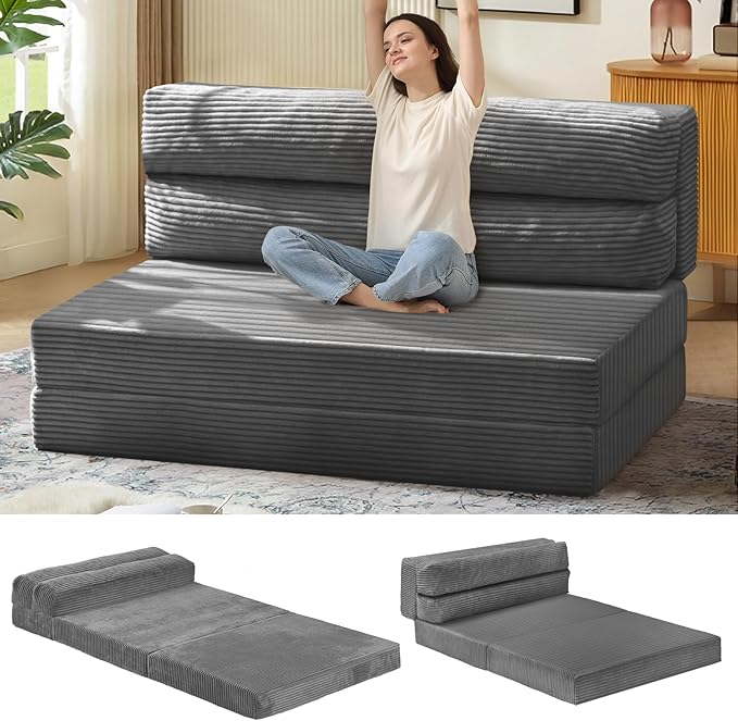Folding Sofa Bed, Convertible Sleeper Chair with Pilow Foldable Matress, 2 in 1 Pull Out Loveseat Sofa Portable Fold Out Chair Bed Floor Couch Lounge for Living Room (Grey, Twin-41Inch)