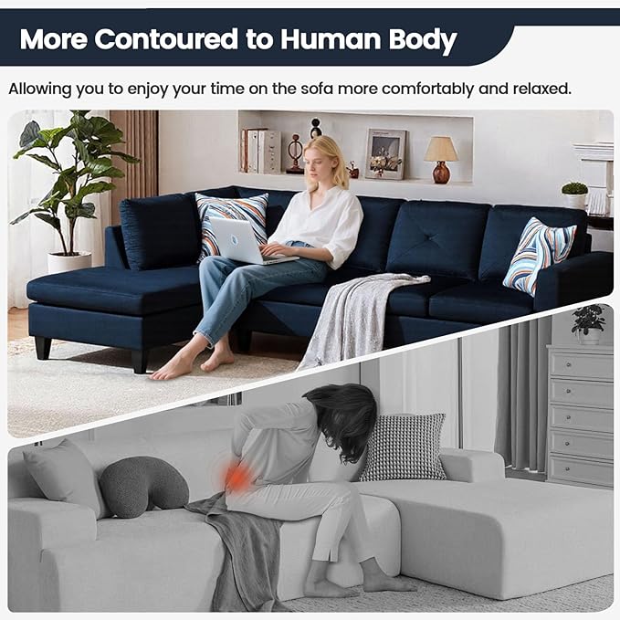 Sectional Couches for Living Room Furniture Sets, 4 Seat L Shaped Couches with Ottoman, Modular Sectional Sofa for Apartment Furniture Sets, Dark Blue