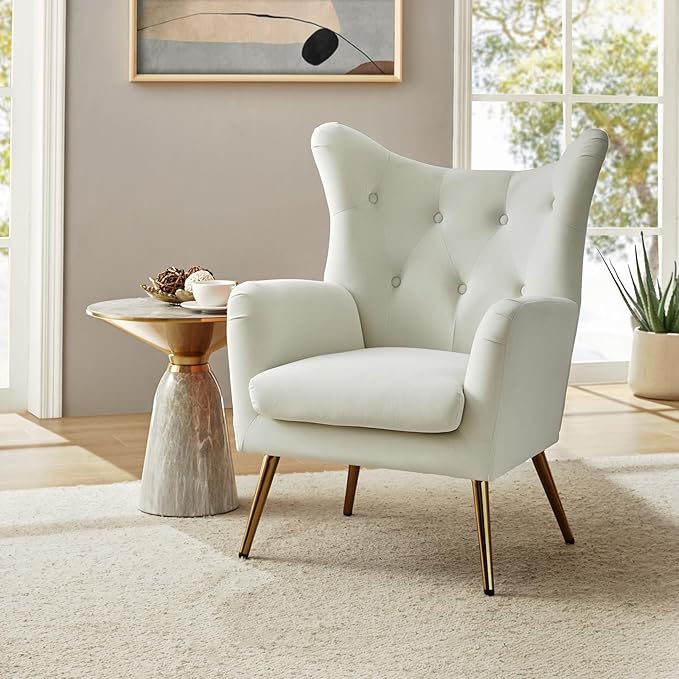HULALA HOME Velvet Accent Chair, Modern Wingback Arm Chair with Metal Gold Legs, Velvet Tufted Upholstered(Ivory)