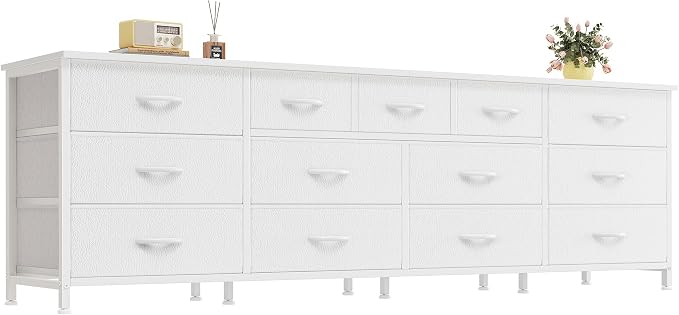Huuger 70 Inch White Dresser for Bedroom, TV Stand for 65, 75, 80 Inch TV, 13 Fabric Drawer Long Dresser, Wide Chest of Drawer, Storage Units for Bedroom by Huuger