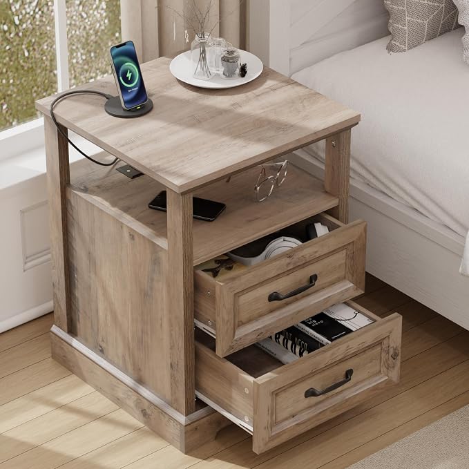 HOMMPA 18'' Farmhouse Nightstand with Charging Station, Bedside Tables with Open Shelf, 2 Drawers End Table Dresser Side Table, Wood Night Stand for Bedroom, Rustic Greige by Hommpa