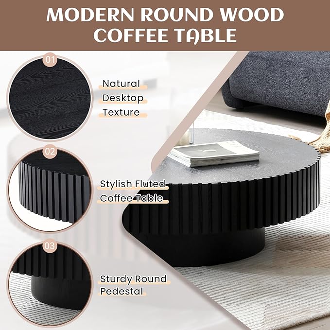 31.49" Round Coffee Table Wood, Modern Unique Circle Coffee Table, Contemporary Oak Drum Fluted Accent Side Table Center for Living Room, Small Space, Apartment, Black