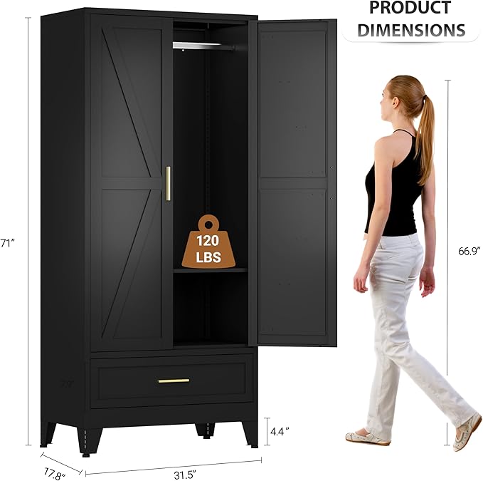 Metal Armoire Wardrobe Closet with 1 Drawer, 71" Wardrobe Cabinet with 1 Adjustable Shelf & 1 Hanging Rod for Bedroom, Black Metal Closet Storage Cabinet with 2 Doors & Drawers