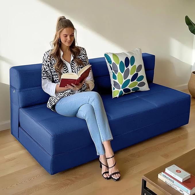 ARTPLAN Convertible Folding Sofa Bed, High-Density Memory Foam Sofa with a Fluffy Pillow, Modern Futon Floor Couch Guest Twin Bed for Living Room/Dorm/Guest Use/Home Office/Apartment,Dark Blue